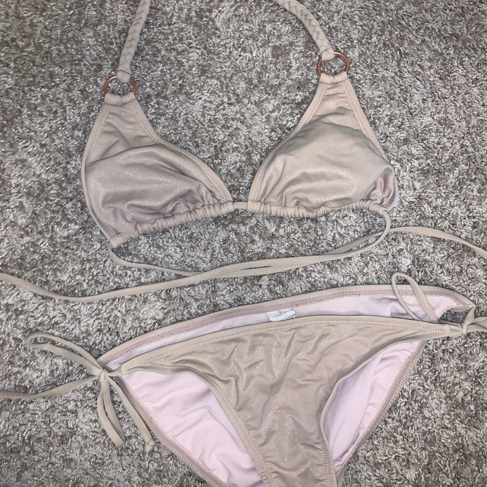 Nude/shimmer bikini, tie bottoms- size M